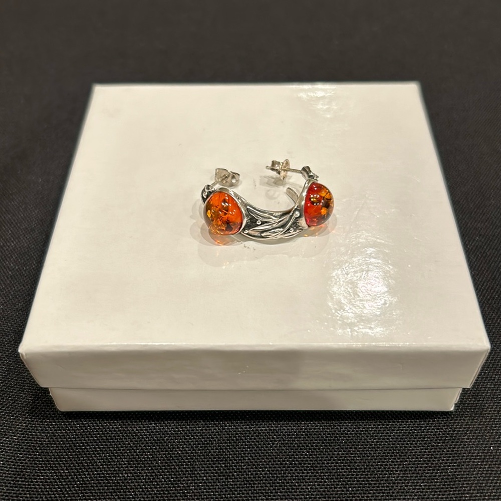 Vintage Amber and Sterling Silver Half Hoop Drop Earrings